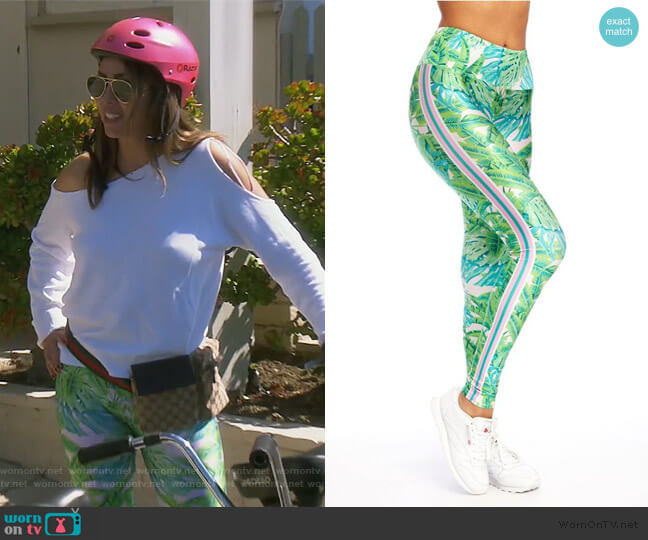 Goldsheep Green Stripe Palm Leggings worn by Kelly Dodd on The Real Housewives of Orange County