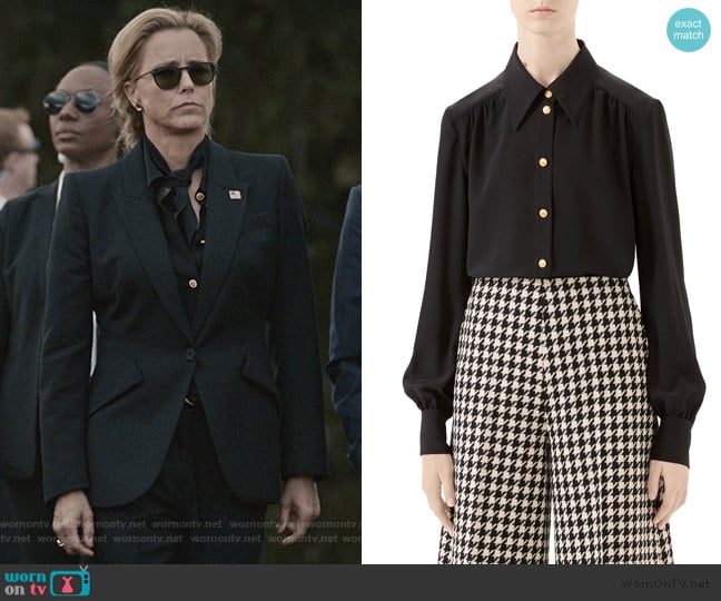 Gucci Silk Crepe de Chine Button-Front Blouse worn by Elizabeth McCord (Téa Leoni) on Madam Secretary