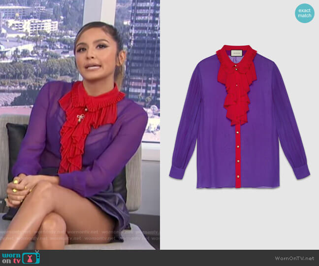 Gucci Silk Ruffle Front Shirt worn by Erin Lim on E! News