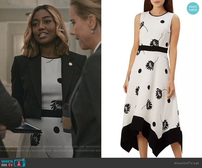Hobbs London Lucie Sleeveless Floral-and-Dot Midi Dress worn by Daisy Grant (Patina Miller) on Madam Secretary