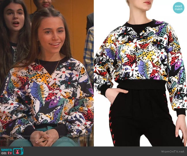 The Kooples Honolulu Floral-Print Sweatshirt worn by Tess O'Malley (Sky Katz) on Ravens Home