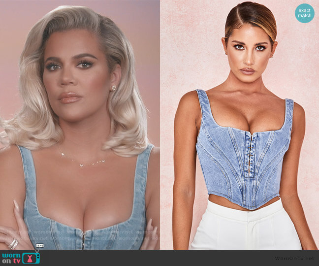 House of CB Denim Cropped Corset worn by Khloe Kardashian on Keeping Up with the Kardashians