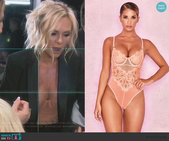 House of CB Nadia Peach Lace Bodysuit worn by Tamra Judge on The Real Housewives of Orange County