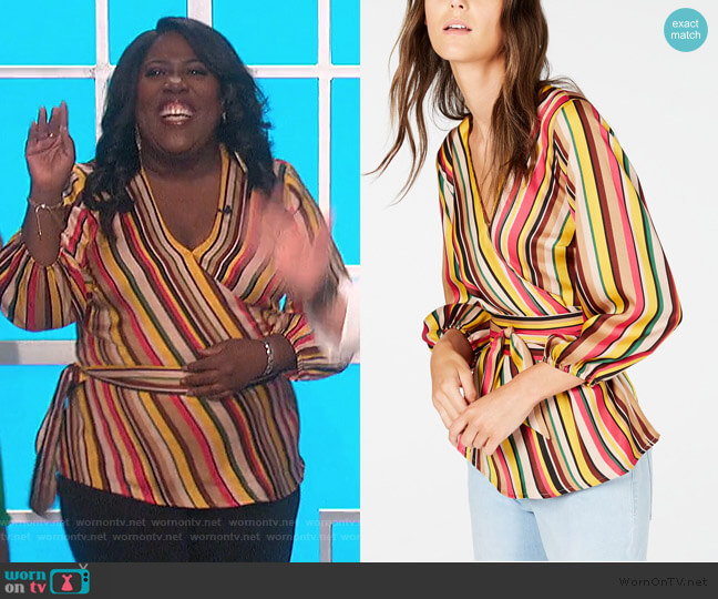 INC International Concepts Striped Wrap Top worn by Sheryl Underwood on The Talk