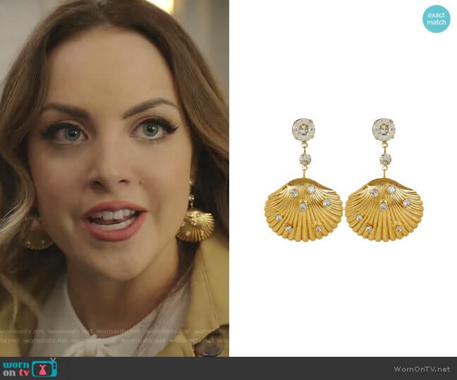 Jennifer Behr Gold-Tone Coquina Crystal Shell Drop Earrings worn by Fallon Carrington (Elizabeth Gillies) on Dynasty