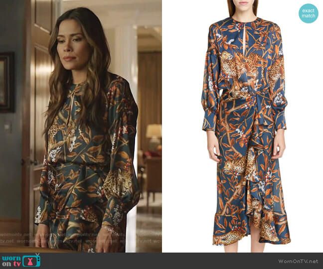 Johanna Ortiz Jaguar Print Georgette Midi Dress worn by Cristal Jennings (Daniella Alonso) on Dynasty