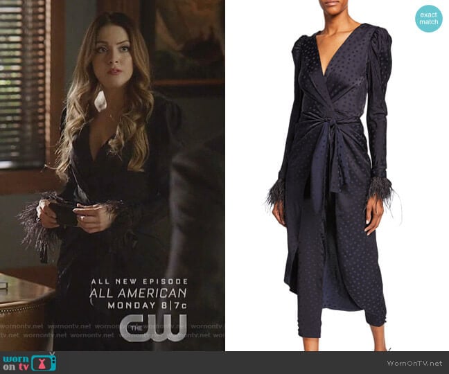 Johanna Ortiz Dotted Feather-Cuff Skirt-Wrapped Jumpsuit worn by Fallon Carrington (Elizabeth Gillies) on Dynasty