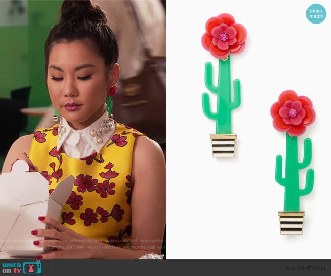 Kate Spade Scenic Route Cactus Statement Earrings worn by Dixie Sinclair (Irene Choi) on Insatiable