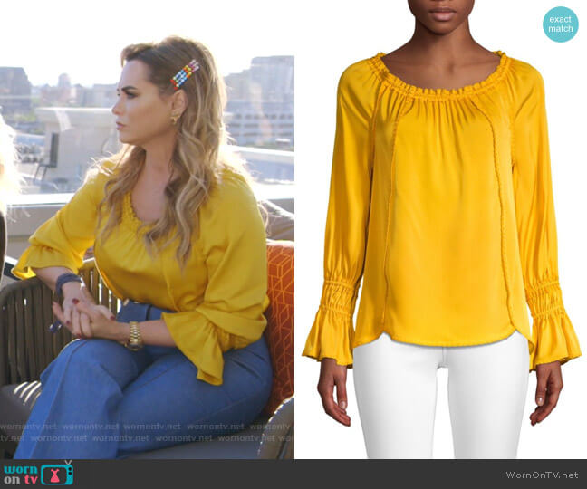 Kobi Halperin Sierra Stretch Silk Georgette Blouse worn by D’Andra Simmons on The Real Housewives of Dallas