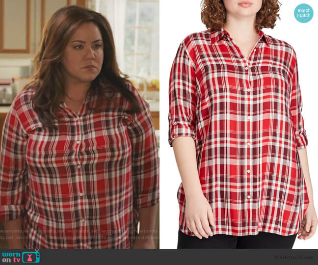 Lauren Ralph Lauren Plus Relaxed-Fit Plaid Twill Button-Down Shirt worn by Katie Otto (Katy Mixon) on American Housewife