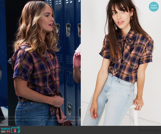 Madewell Short-Sleeve Tie-Neck Shirt in Junipero Plaid worn by Patty Bladell (Debby Ryan) on Insatiable