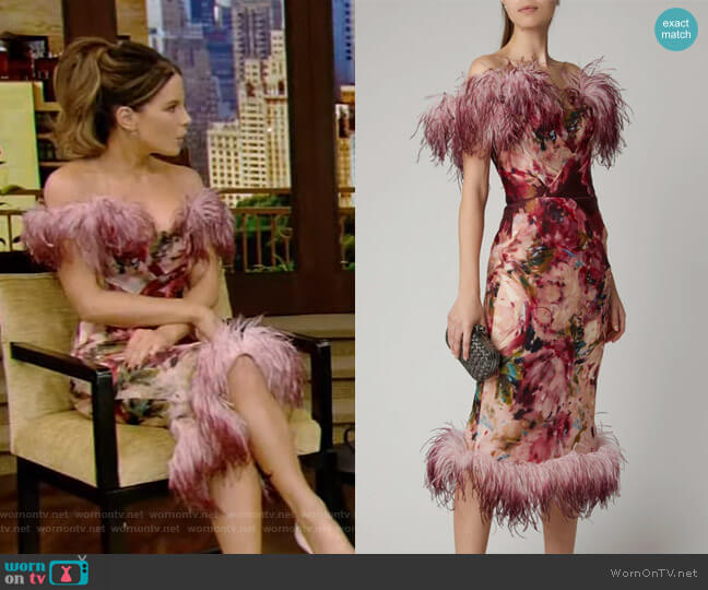 Marchesa Feather-Trimmed Floral-Print Silk Dress