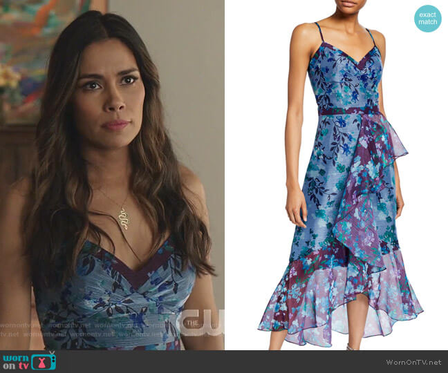 Marchesa Notte Colorblock Floral Organza Sleeveless High-Low Side-Ruffle Gown worn by Cristal Jennings (Daniella Alonso) on Dynasty