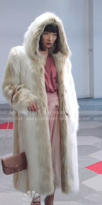 Mei’s white hooded fur coat on Sunnyside