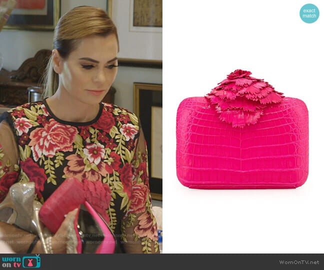 Nancy Gonzalez Crocodile Flower Minaudiere worn by D’Andra Simmons on The Real Housewives of Dallas