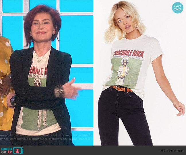 Nasty Gal Crocodile Rock Elton John Graphic Band Tee worn by Sharon Osbourne on The Talk
