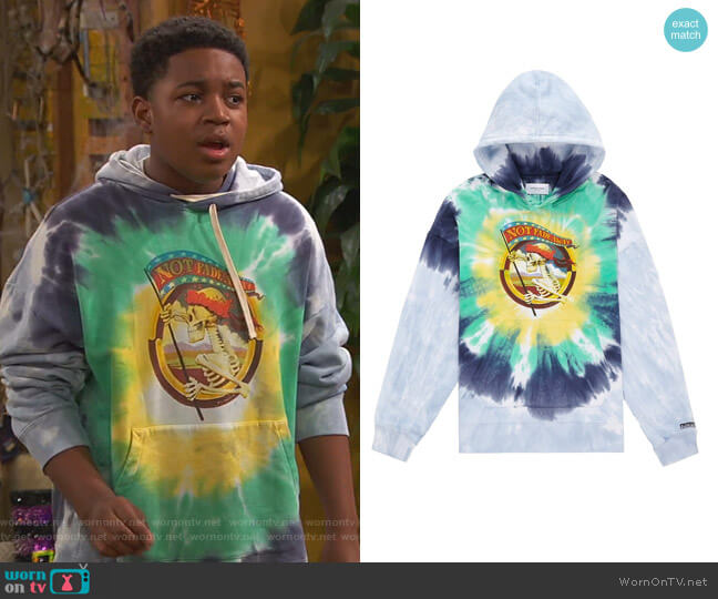 Ovadia and Son Stanley Mouse Not Fade Away Tie Dye Hoodie worn by Booker Baxter (Issac Ryan Brown) on Ravens Home