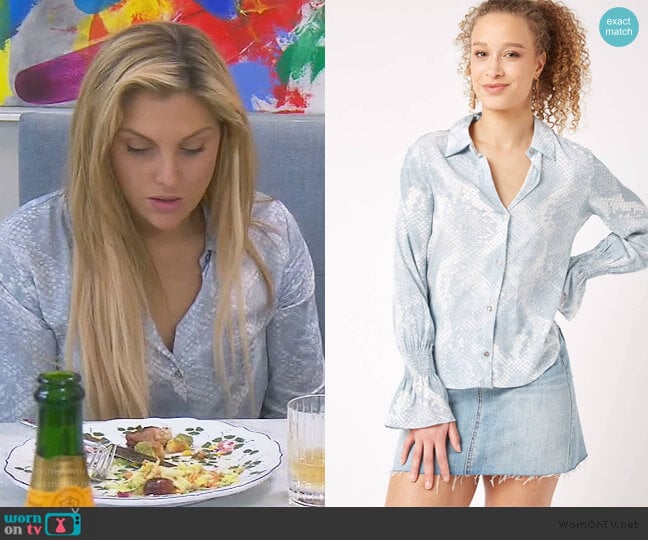 Olivaceous Blue Snake Print Smocked Sleeve Blouse worn by Gina Kirschenheiter on The Real Housewives of Orange County