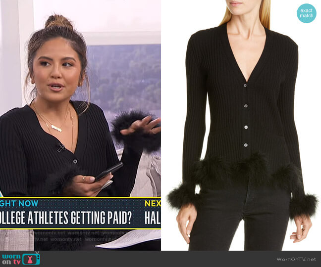 Opening Ceremony Rib Wool Cardigan with Feather Trim worn by Erin Lim on E! News