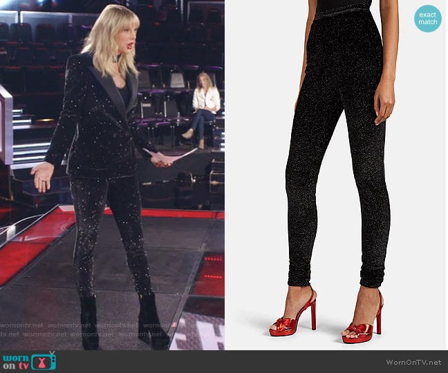 Philosophy di Lorenzo Serafini Glitter-Embellished Velvet High-Rise Leggings worn by Taylor Swift on The Voice