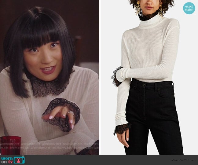 Philosophy Di Lorenzo Serafini Lace-Trimmed Rib-Knit Turtleneck Sweater worn by Mei Lin (Poppy Liu) on Sunnyside