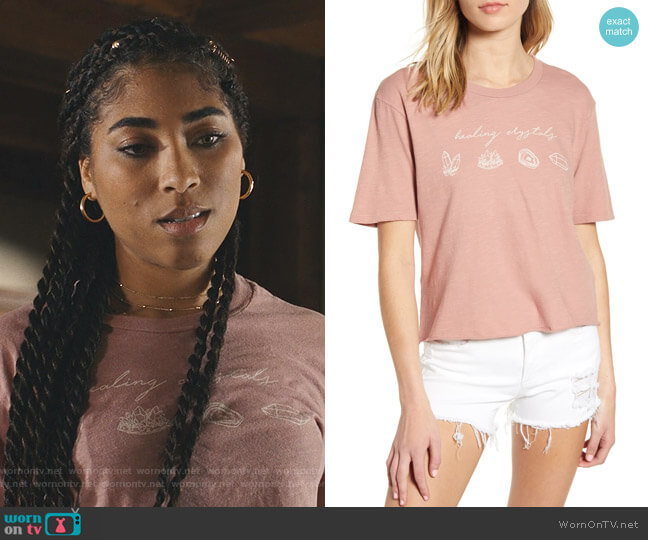 PST by Project Social T Healing Crystals Graphic Tee worn by Peri (Adriyan Rae) on Light as a Feather