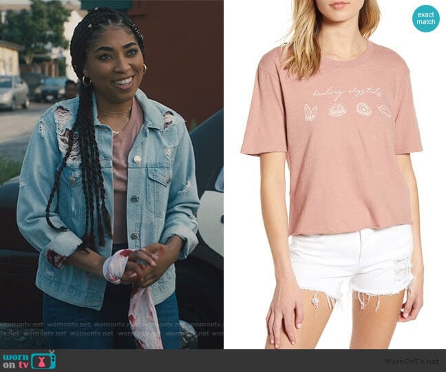 PST by Project Social T Healing Crystals Graphic Tee worn by Peri (Adriyan Rae) on Light as a Feather