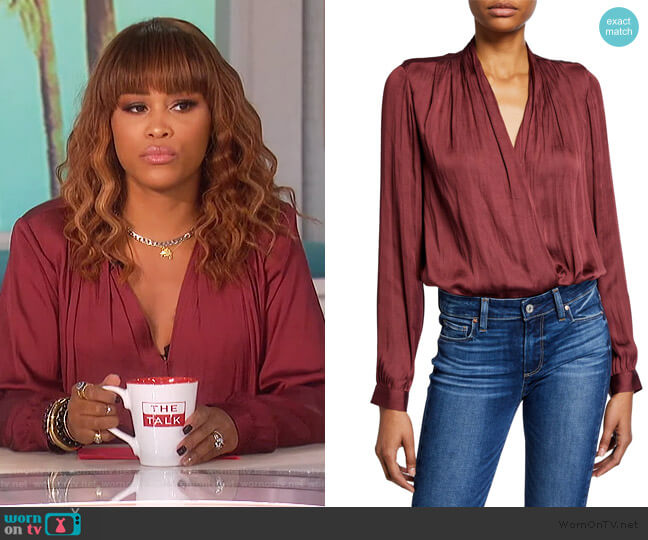 Paige Sevilla Draped Satin Bodysuit worn by Eve on The Talk
