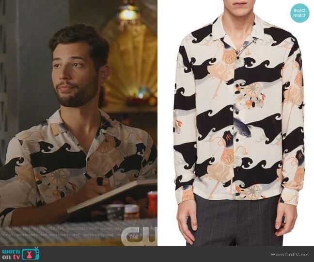 All Saints Pisces Slim Fit Print Button-Up Camp Shirt worn by Sam Flores (Rafael de la Fuente) on Dynasty