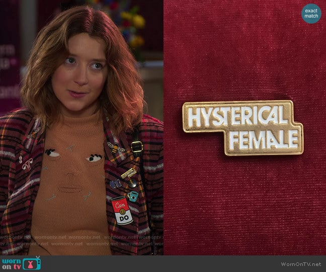 Rachel Antonoff Hysterical Female Pin worn by Nonnie Thompson (Kimmy Shields) on Insatiable