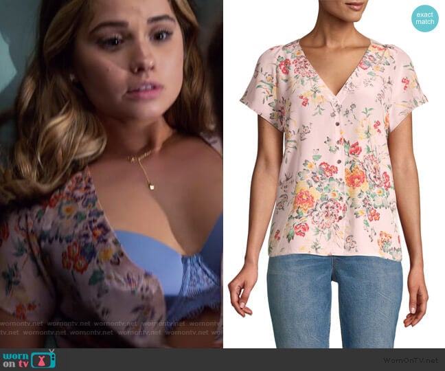 Rebecca Taylor Marlena Floral Silk Button-Up Top worn by Patty Bladell (Debby Ryan) on Insatiable