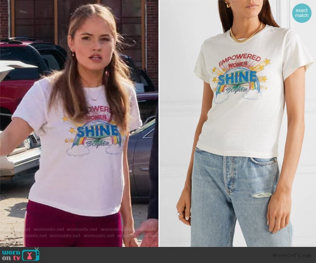 Re/done Shine printed cotton-jersey T-shirt worn by Patty Bladell (Debby Ryan) on Insatiable