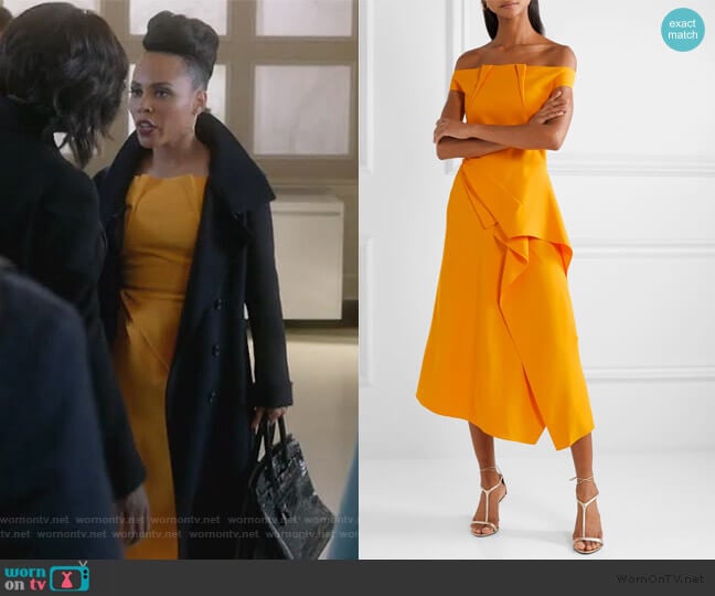 Roland Mouret Arch off-the-shoulder draped crepe midi Dress worn by Tegan Price (Amirah Vann) on How to Get Away with Murder