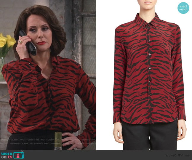 Saint Laurent Tiger-Print Silk Crêpe De Chine Blouse worn by Karen Walker (Megan Mullally) on Will and Grace