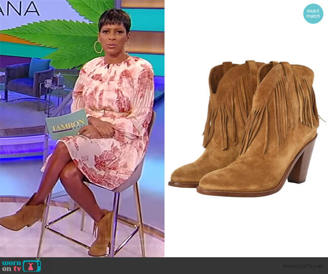 Saint Laurent Tan New Western 80 Fringe Boots worn by Tamron Hall on Tamron Hall Show