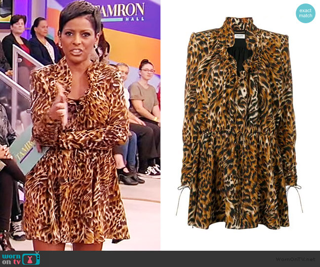 Saint Laurent leopard print silk dress worn by Tamron Hall on Tamron Hall Show