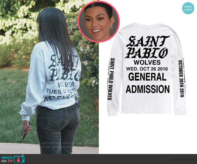 Yeezy Wolves White Long Sleeve Tee worn by Kourtney Kardashian on Keeping Up with the Kardashians