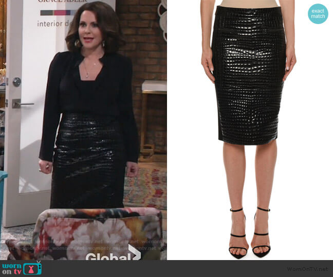 Tom Ford Crocodile-Embossed Leather Knee-Length Skirt worn by Karen Walker (Megan Mullally) on Will and Grace