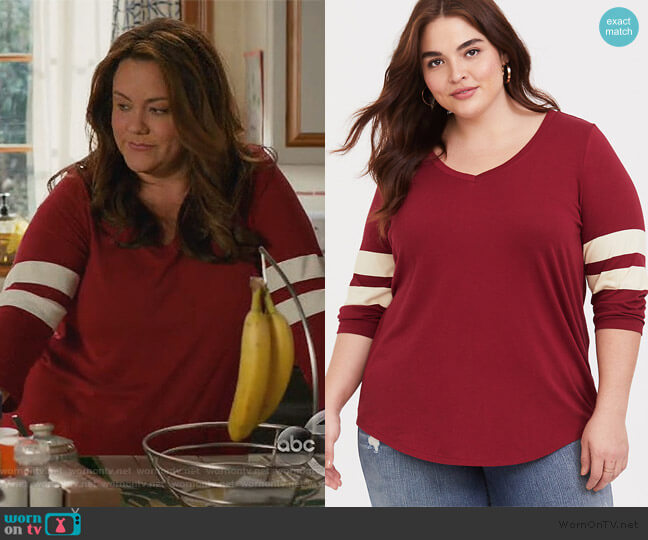 Torrid Dark Red V-Neck Football Tee worn by Katie Otto (Katy Mixon) on American Housewife