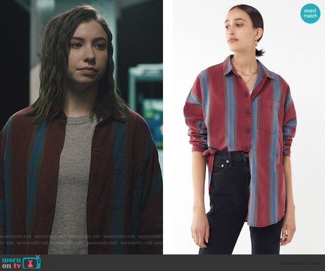 Urban Outfitters Striped Twill Button-Down Shirt worn by Sammi Karras (Katelyn Nacon) on Light as a Feather