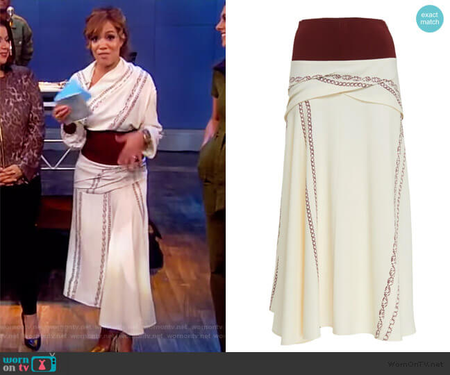 Victoria Beckam Knit-Trimmed Printed Crepe Midi Skirt worn by Sunny Hostin on The View