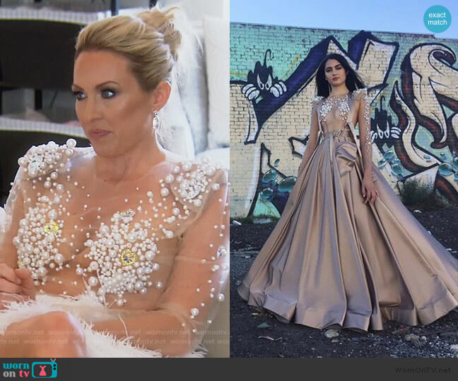 Viktor Luna Pearl Embellished Bodysuit worn by Braunwyn Windham-Burke on The Real Housewives of Orange County