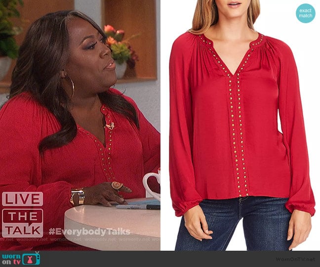 Vince Camuto Stud-Trimmed Satin Blouse worn by Sheryl Underwood on The Talk