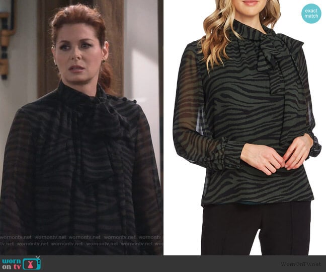 Vince Camuto Tranquil Animal Print Tie Neck Chiffon Blouse worn by Grace Adler (Debra Messing) on Will and Grace