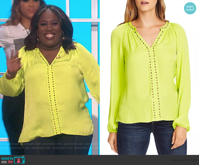 Vince Camuto Stud-Trimmed Satin Blouse worn by Sheryl Underwood on The Talk