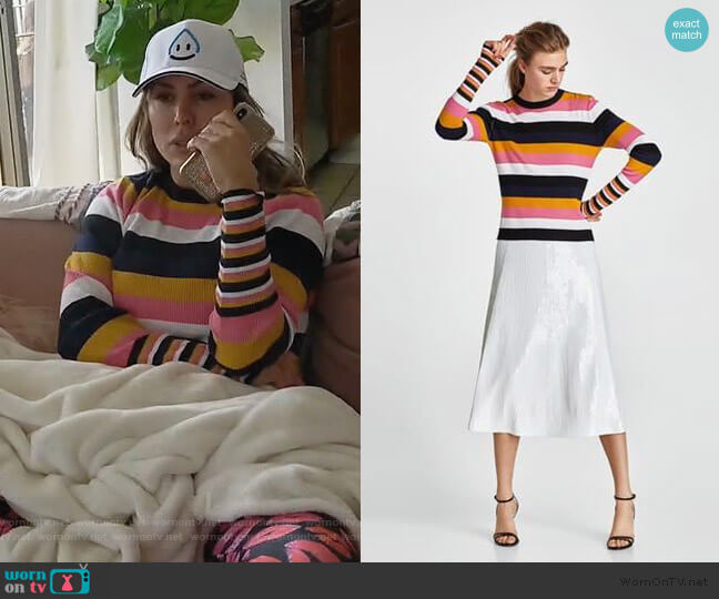 Zara Striped Metallic Thread Sweater worn by Kelly Dodd on The Real Housewives of Orange County