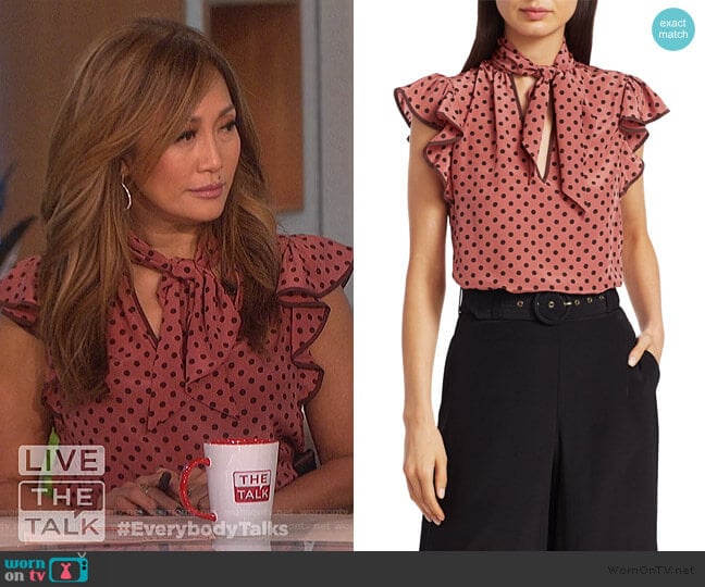Zimmermann Espionage Polka Dot Flutter-Sleeve Blouse worn by Carrie Inaba on The Talk