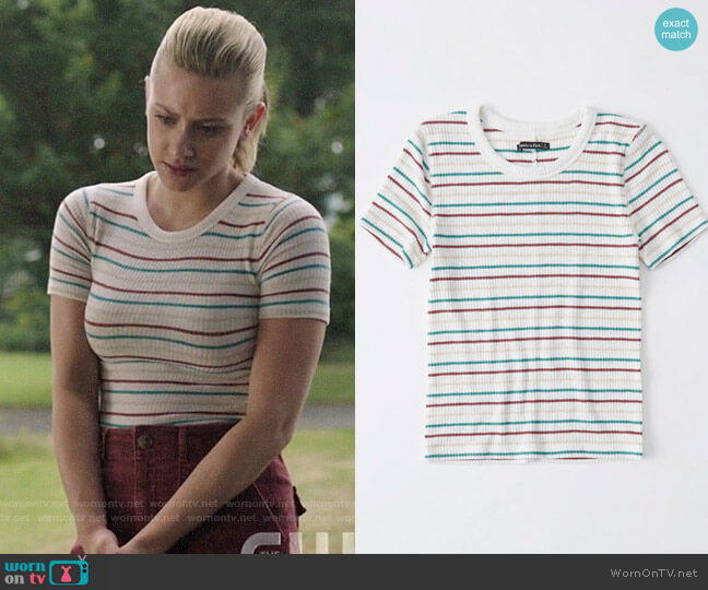 Abercrombie & Fitch Slim Ribbed Tee in White Stripe worn by Betty Cooper (Lili Reinhart) on Riverdale