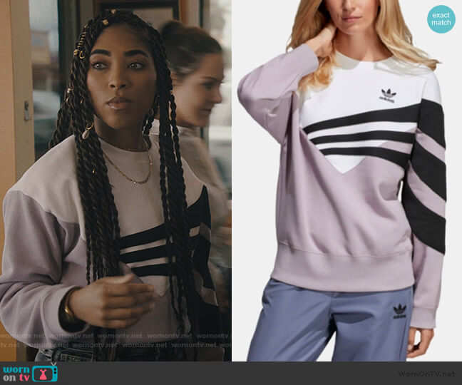 Adidas Purple Originals Bossy 90s Cropped Sweatshirt worn by Peri (Adriyan Rae) on Light as a Feather