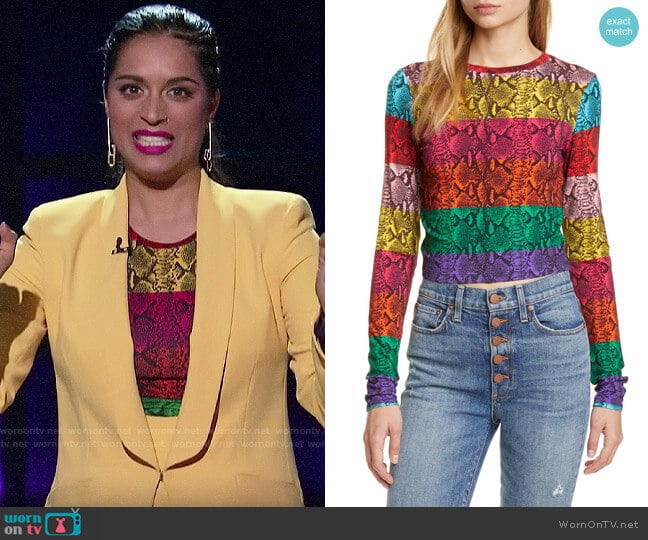Alice + Olivia Delaina Stripe Reptile Print Crop Top worn by Lilly Singh on A Little Late with Lilly Singh